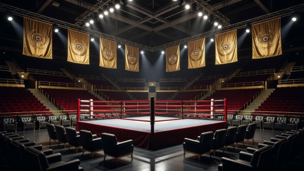 Premium championship boxing arena with professional ring, bright spotlights, VIP seating, and gold title banners