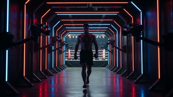 Fighter walkout tunnel with red and blue lights, smoke-free arena atmosphere, broadcast cameras, and premium sports energy