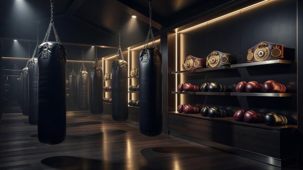 Luxury boxing training gym with gloves, heavy bags, championship belts, polished floors, and cinematic lighting